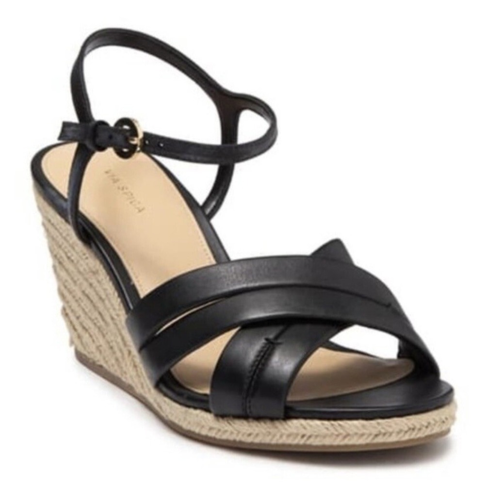 Via Spiga Black Leather Espadrille Wedge Sandals Inna Ankle Strap